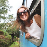 Sarah in a train in Sri Lanka